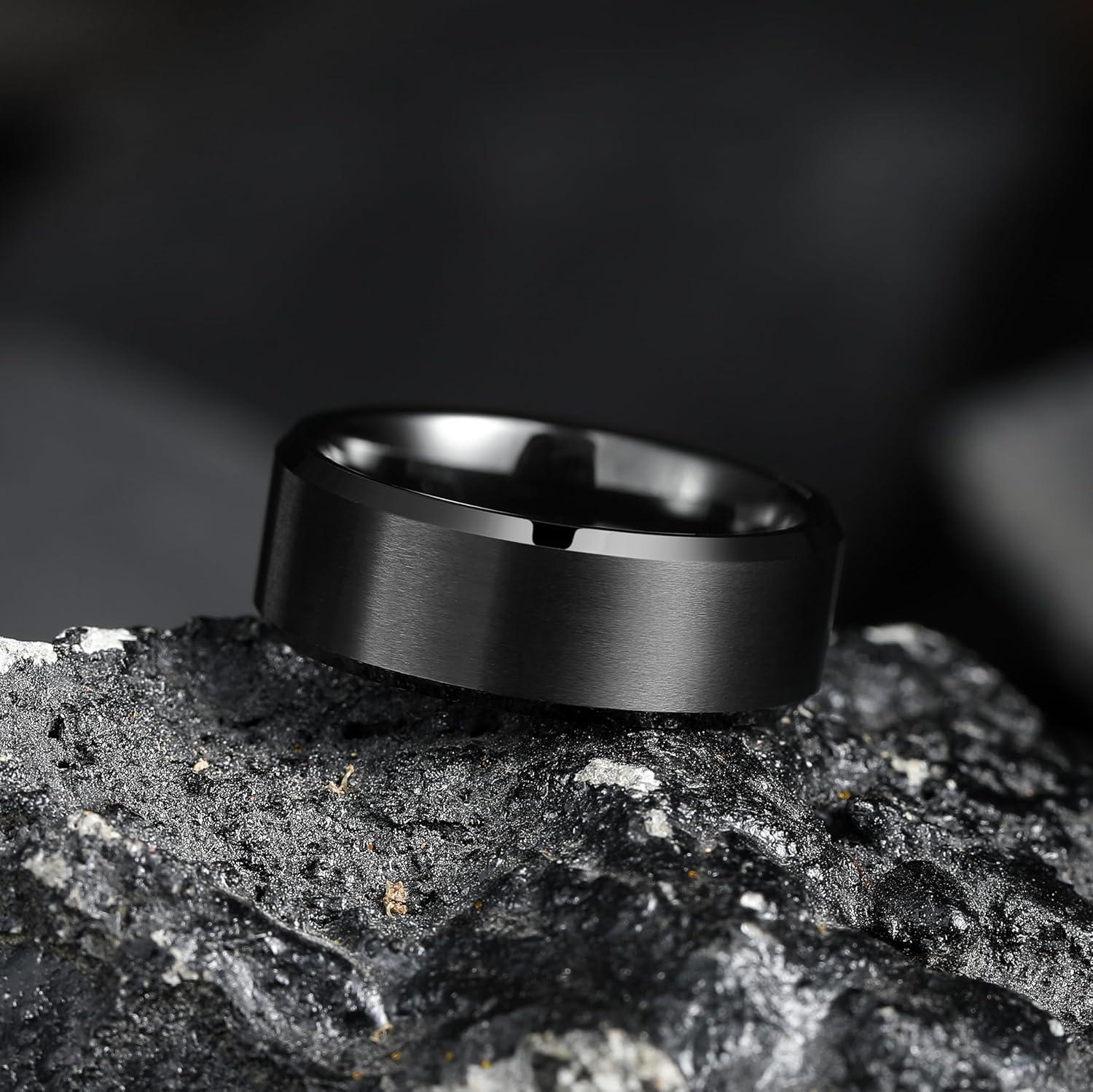 imageKing Will Tungsten Mens Wedding Ring Available in 6mm to 10mm BlackSilver Matte Finish Beveled Polished Edge Comfort FitBlack8mmNew