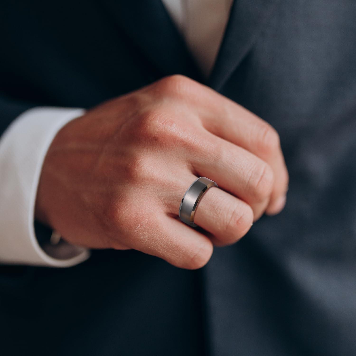 imageKing Will Tungsten Mens Wedding Ring Available in 6mm to 10mm BlackSilver Matte Finish Beveled Polished Edge Comfort FitBlackSilverGunmetal Gray