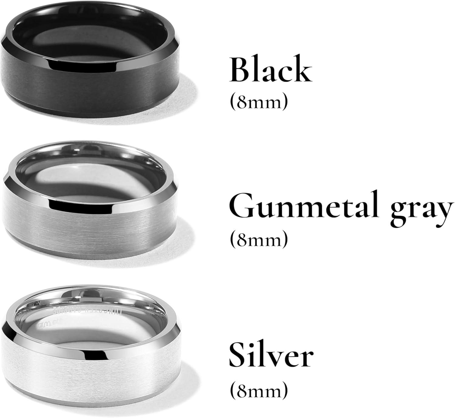 imageKing Will Tungsten Mens Wedding Ring Available in 6mm to 10mm BlackSilver Matte Finish Beveled Polished Edge Comfort FitBlackSilverGunmetal Gray