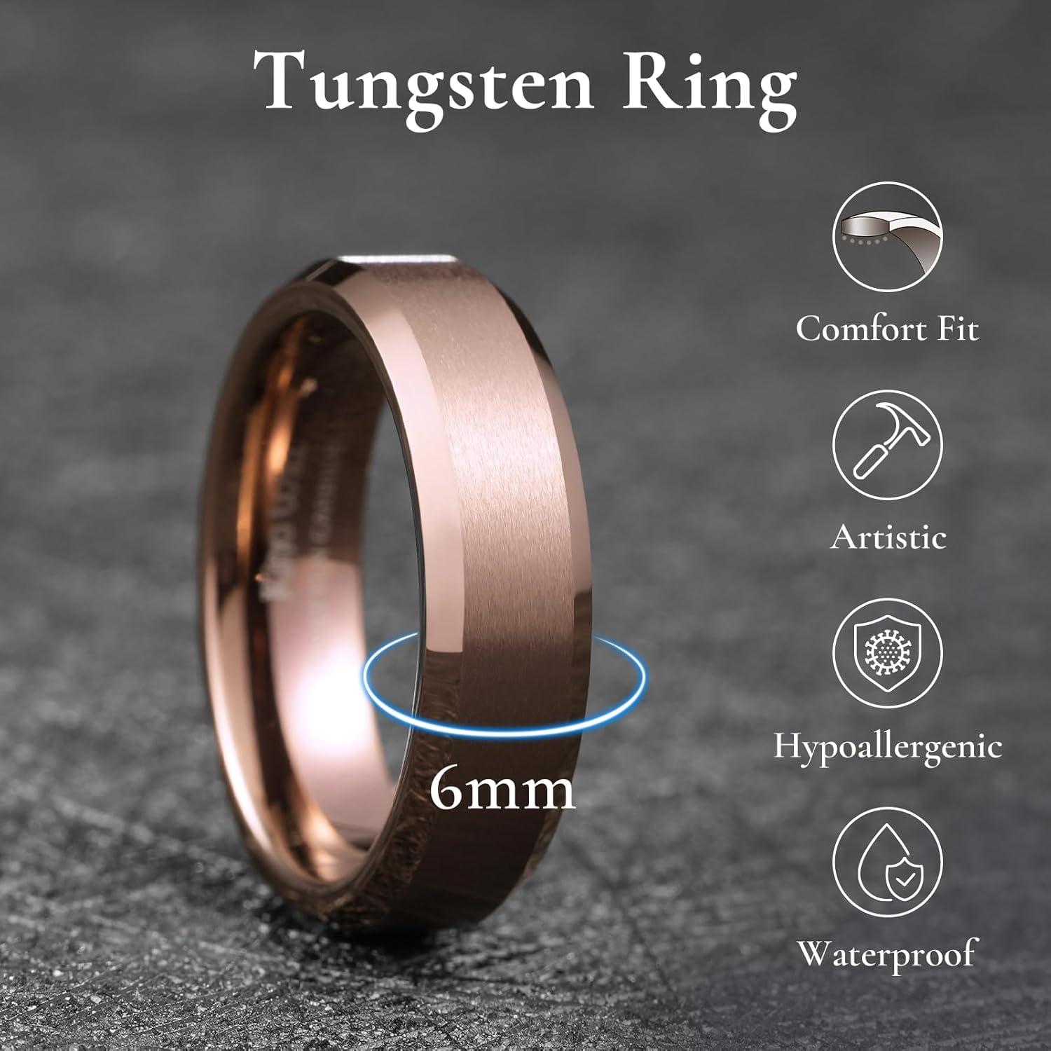 imageKing Will Tungsten Mens Wedding Ring Available in 6mm to 10mm BlackSilver Matte Finish Beveled Polished Edge Comfort FitBrown6mm