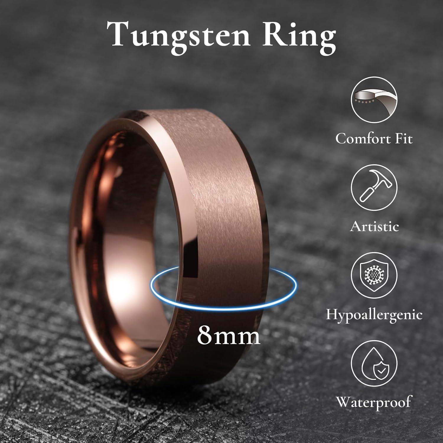 imageKing Will Tungsten Mens Wedding Ring Available in 6mm to 10mm BlackSilver Matte Finish Beveled Polished Edge Comfort FitBrown8mm