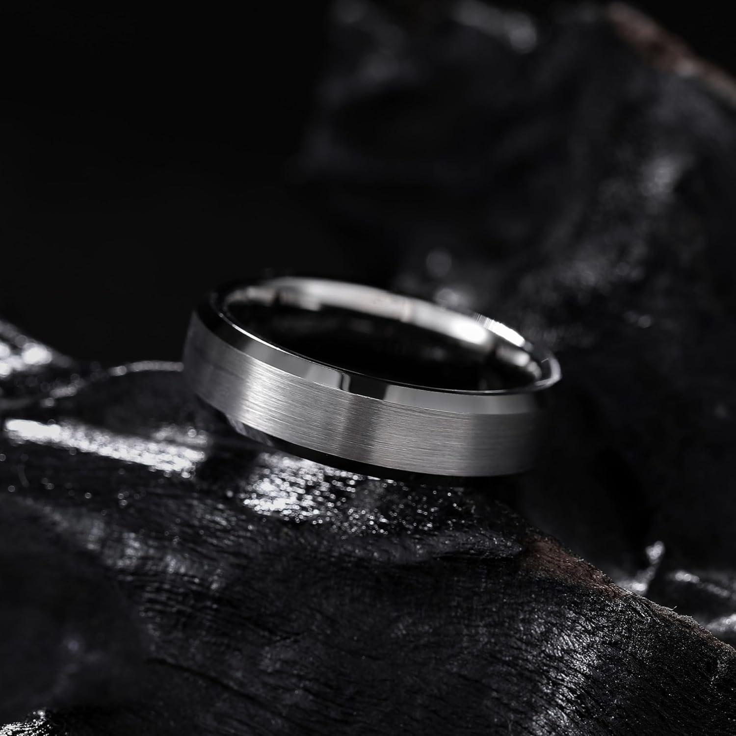 imageKing Will Tungsten Mens Wedding Ring Available in 6mm to 10mm BlackSilver Matte Finish Beveled Polished Edge Comfort FitGunmetal Gray 6mm