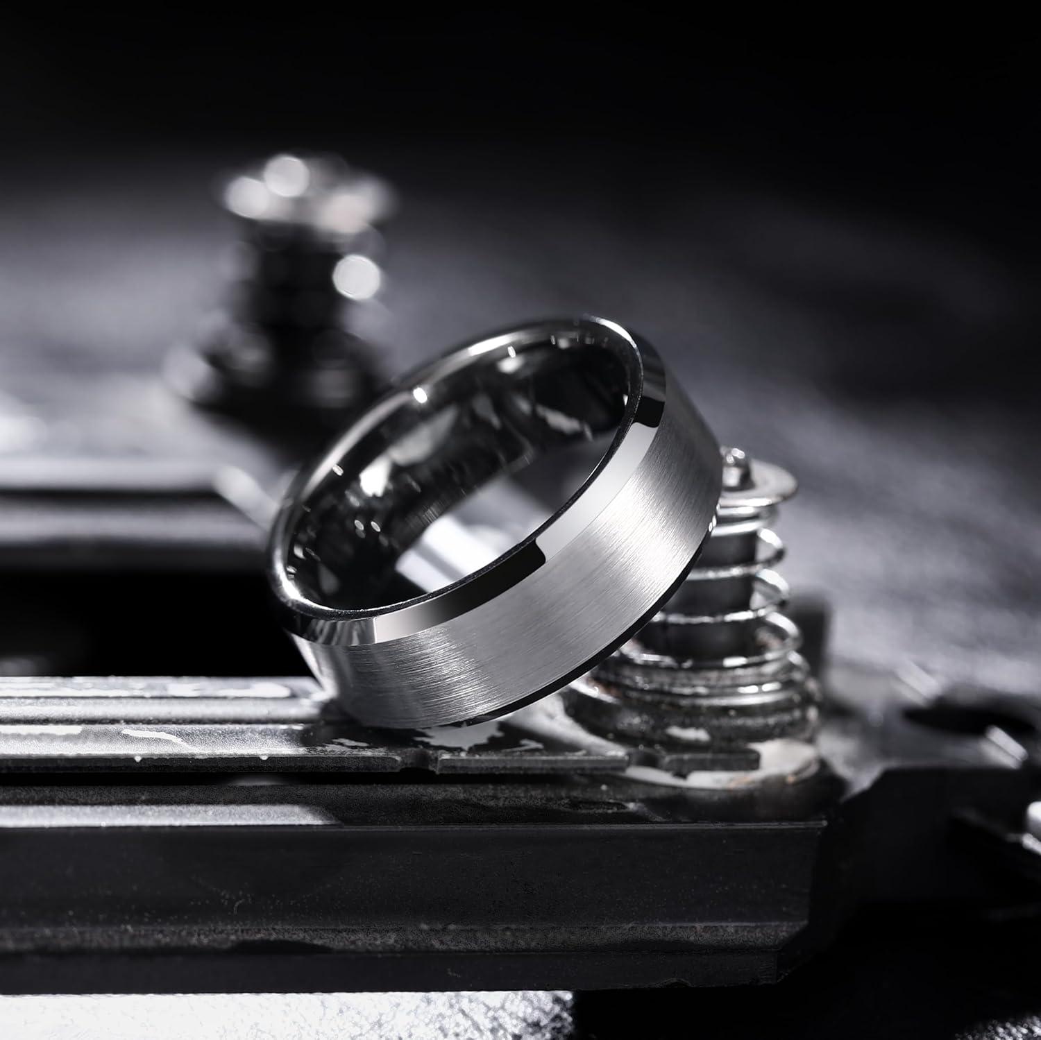 imageKing Will Tungsten Mens Wedding Ring Available in 6mm to 10mm BlackSilver Matte Finish Beveled Polished Edge Comfort FitGunmetal Gray 8mm