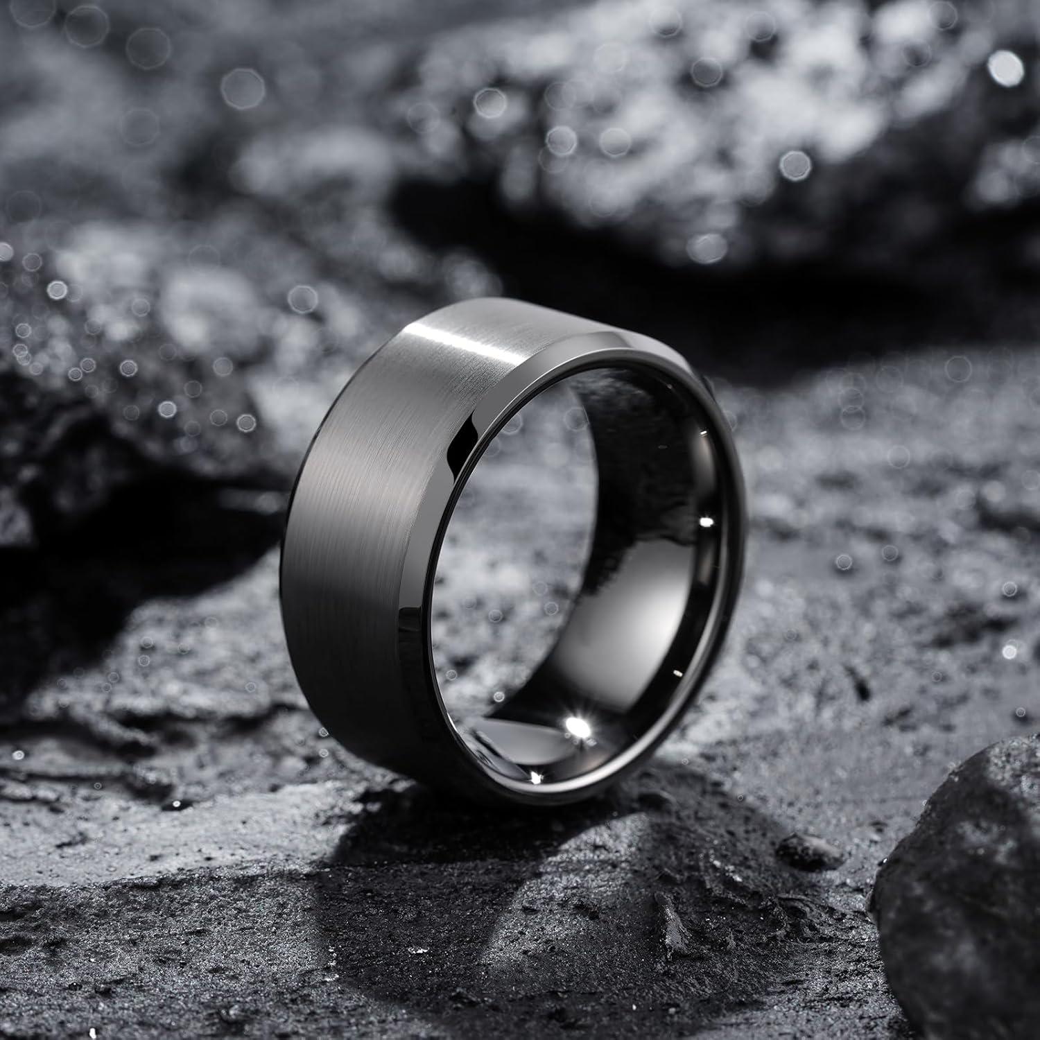 imageKing Will Tungsten Mens Wedding Ring Available in 6mm to 10mm BlackSilver Matte Finish Beveled Polished Edge Comfort FitGunmetal10mm