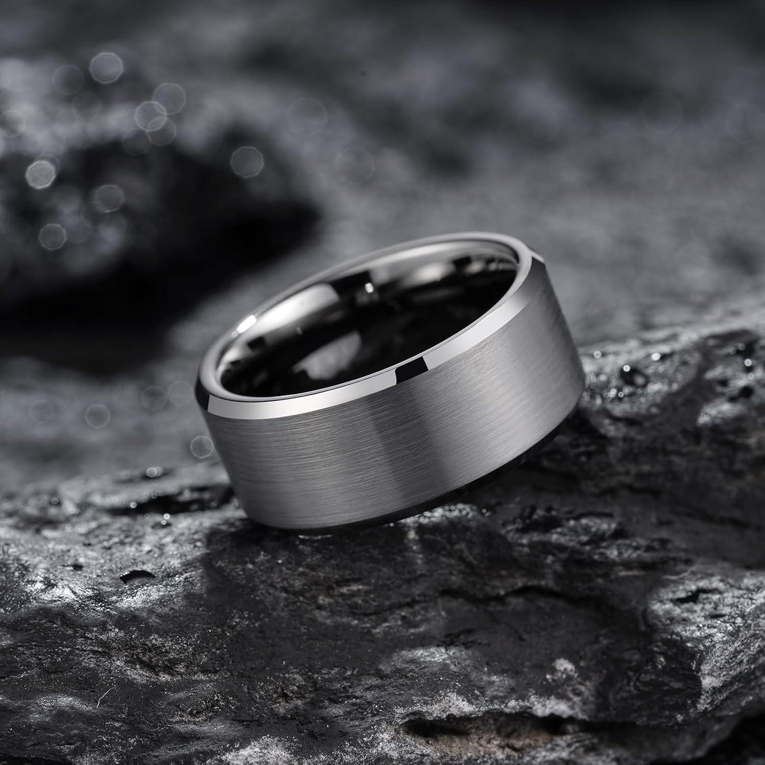 imageKing Will Tungsten Mens Wedding Ring Available in 6mm to 10mm BlackSilver Matte Finish Beveled Polished Edge Comfort FitGunmetal10mm