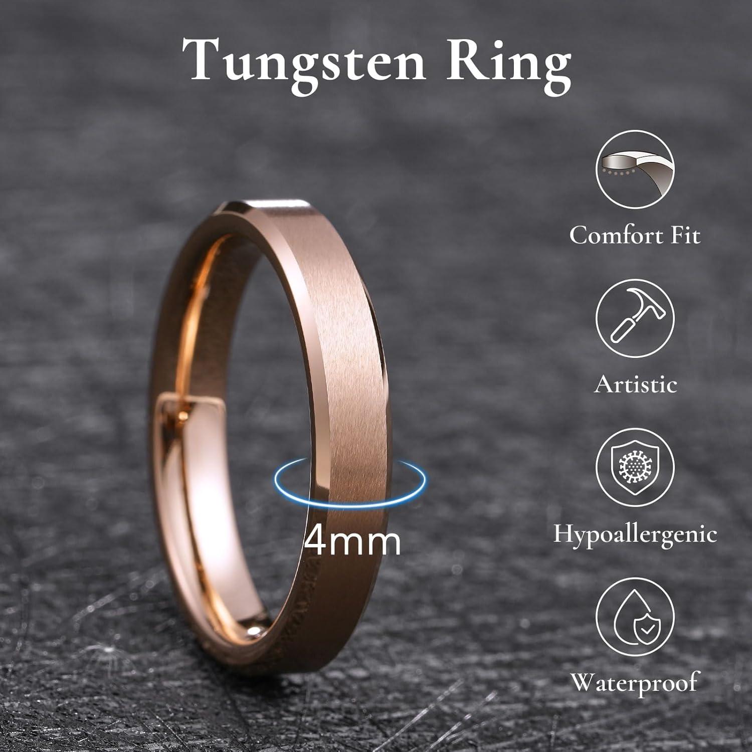 imageKing Will Tungsten Mens Wedding Ring Available in 6mm to 10mm BlackSilver Matte Finish Beveled Polished Edge Comfort FitRoise gold4mm