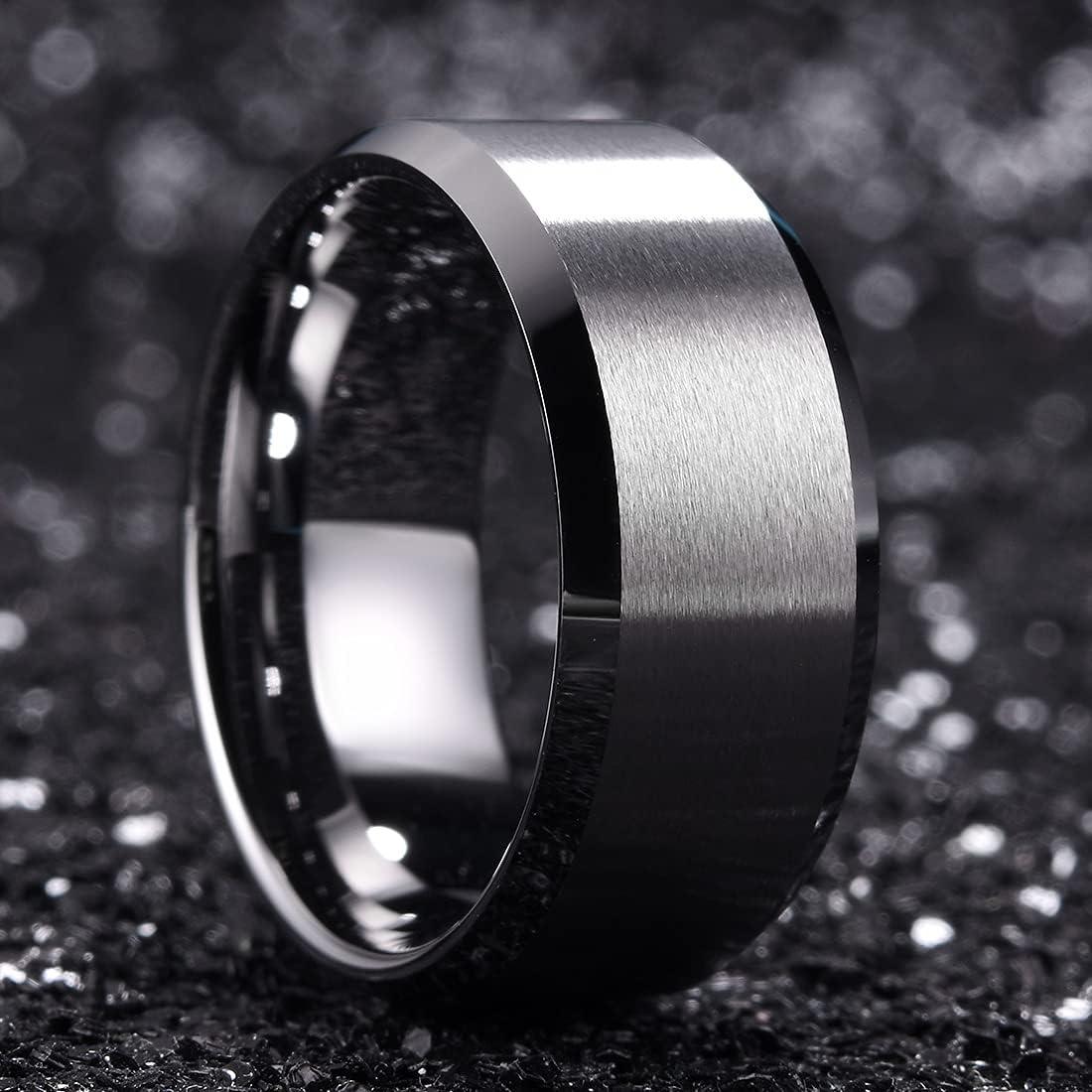 imageKing Will Tungsten Mens Wedding Ring Available in 6mm to 10mm BlackSilver Matte Finish Beveled Polished Edge Comfort FitSilver10mm