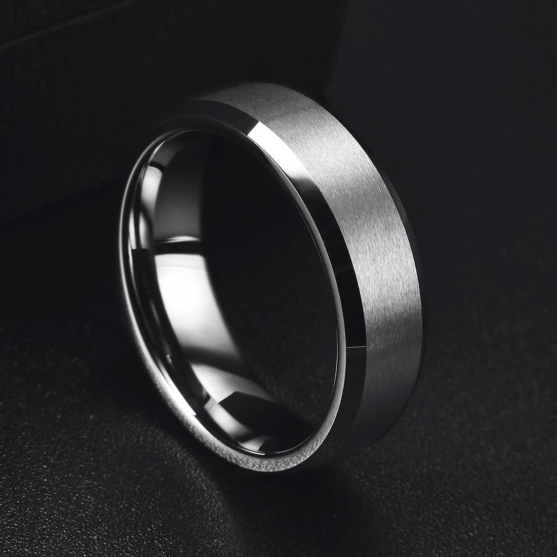 imageKing Will Tungsten Mens Wedding Ring Available in 6mm to 10mm BlackSilver Matte Finish Beveled Polished Edge Comfort FitSilver6mm