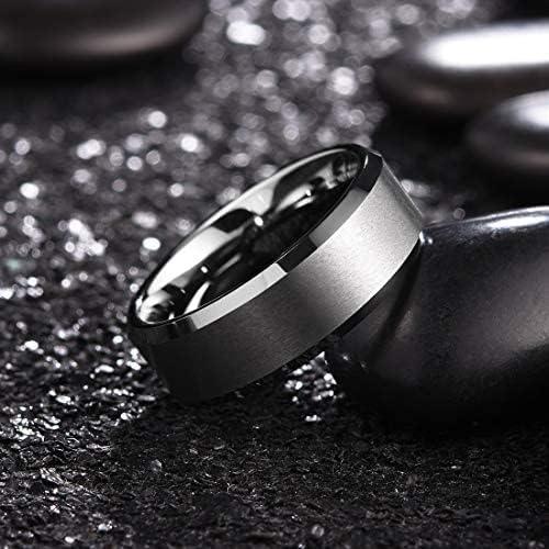 imageKing Will Tungsten Mens Wedding Ring Available in 6mm to 10mm BlackSilver Matte Finish Beveled Polished Edge Comfort FitSilver7mm