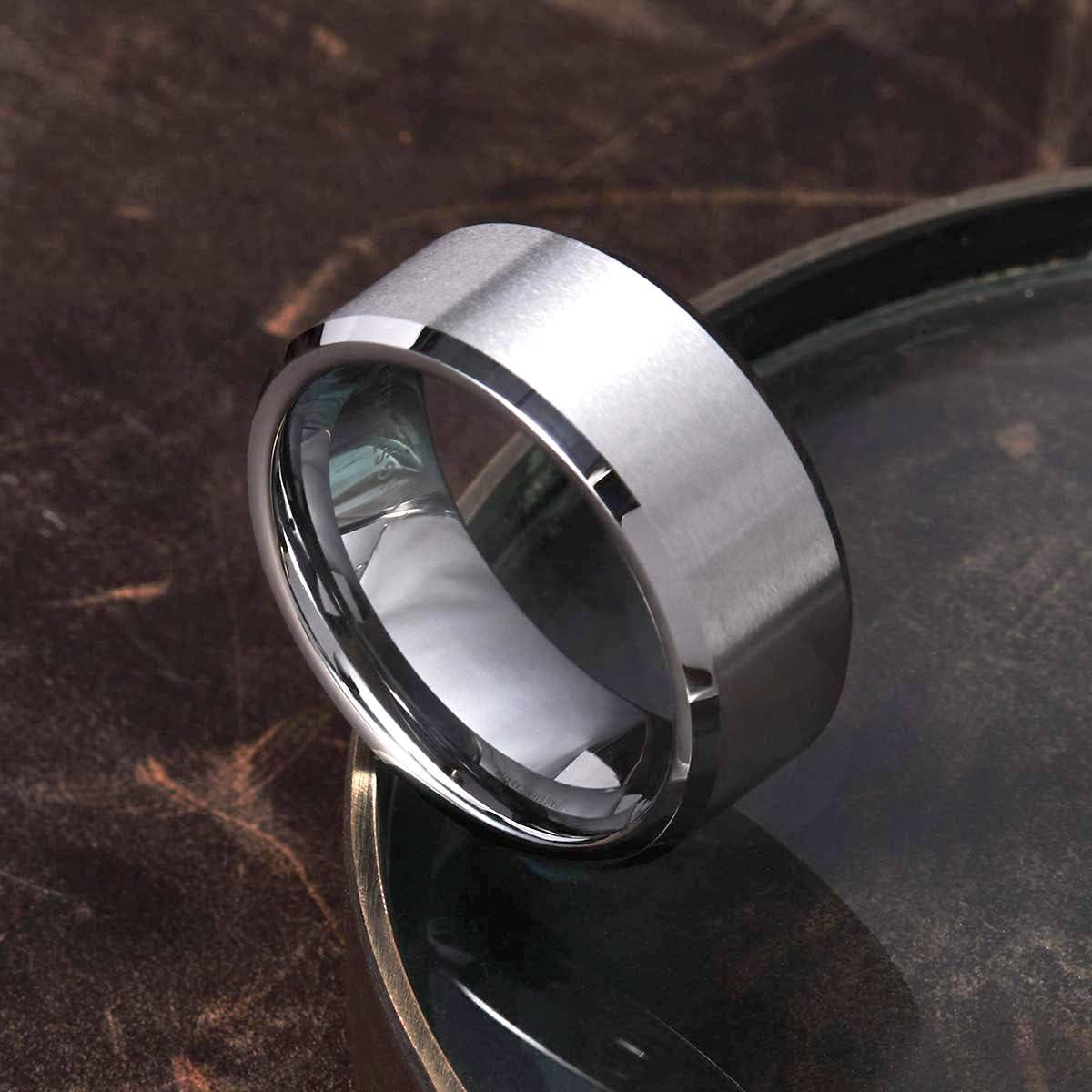 imageKing Will Tungsten Mens Wedding Ring Available in 6mm to 10mm BlackSilver Matte Finish Beveled Polished Edge Comfort FitSilver8mm