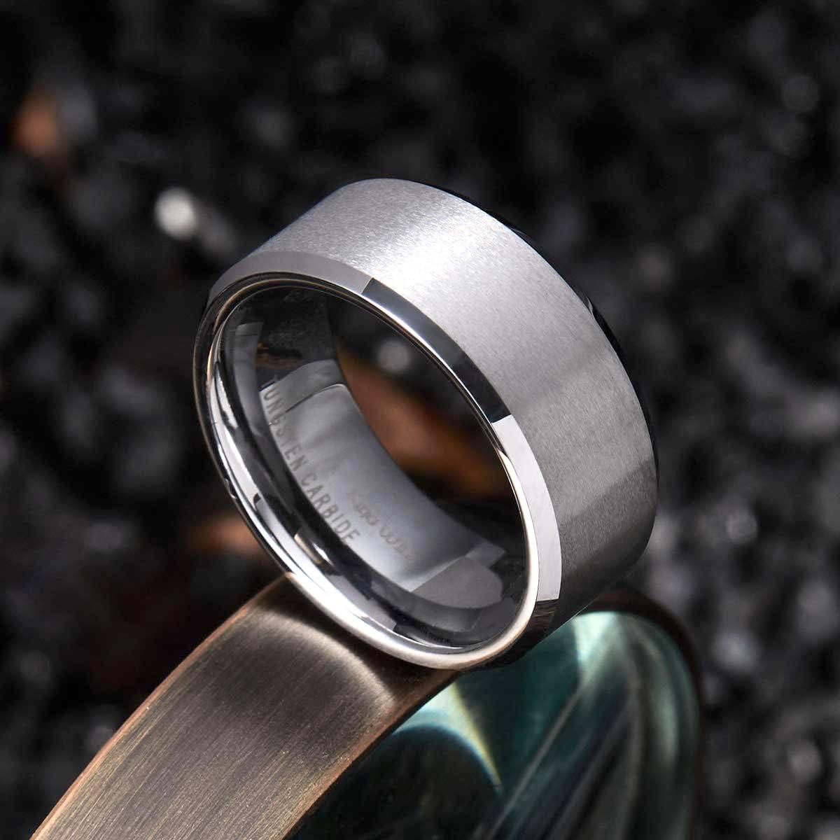 imageKing Will Tungsten Mens Wedding Ring Available in 6mm to 10mm BlackSilver Matte Finish Beveled Polished Edge Comfort FitSilver8mm