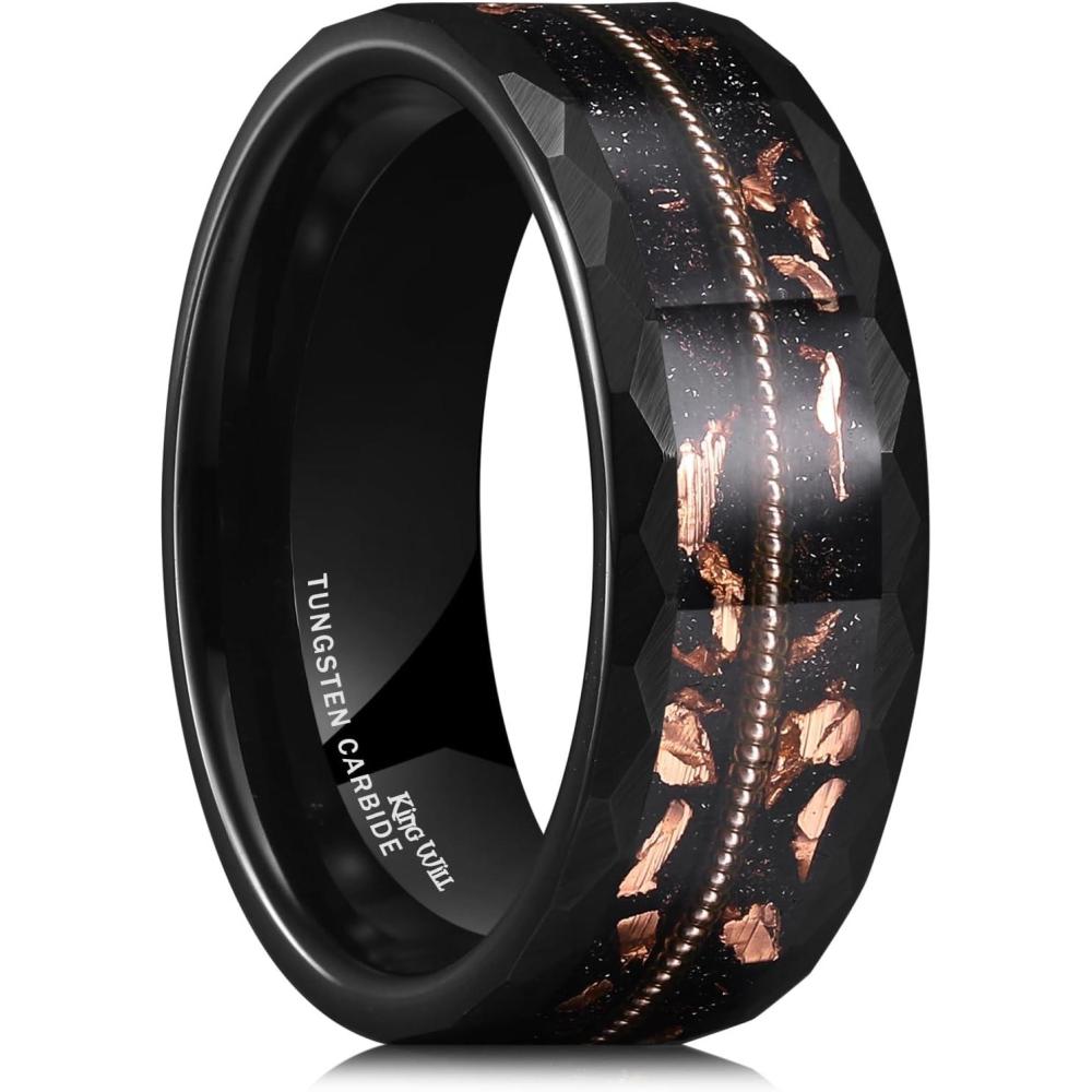 imageKing Will 8mm Mens SilverBlack Tungsten Carbide Ring for Men Nature Koa Wood InlayGalaxy Opal Inlay Wedding Bands Hammered MultiFaceted Wedding BandBBlack 8mm
