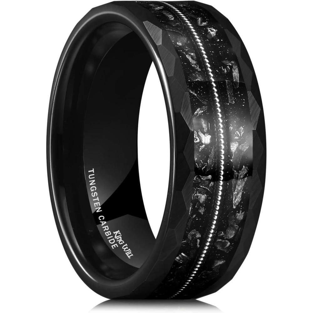 imageKing Will 8mm Mens SilverBlack Tungsten Carbide Ring for Men Nature Koa Wood InlayGalaxy Opal Inlay Wedding Bands Hammered MultiFaceted Wedding BandBBlack Silver 8mm
