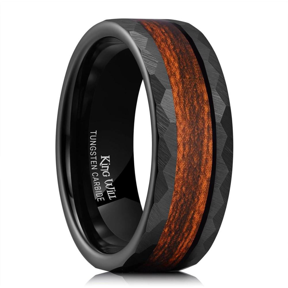 imageKing Will 8mm Mens SilverBlack Tungsten Carbide Ring for Men Nature Koa Wood InlayGalaxy Opal Inlay Wedding Bands Hammered MultiFaceted Wedding BandBlack