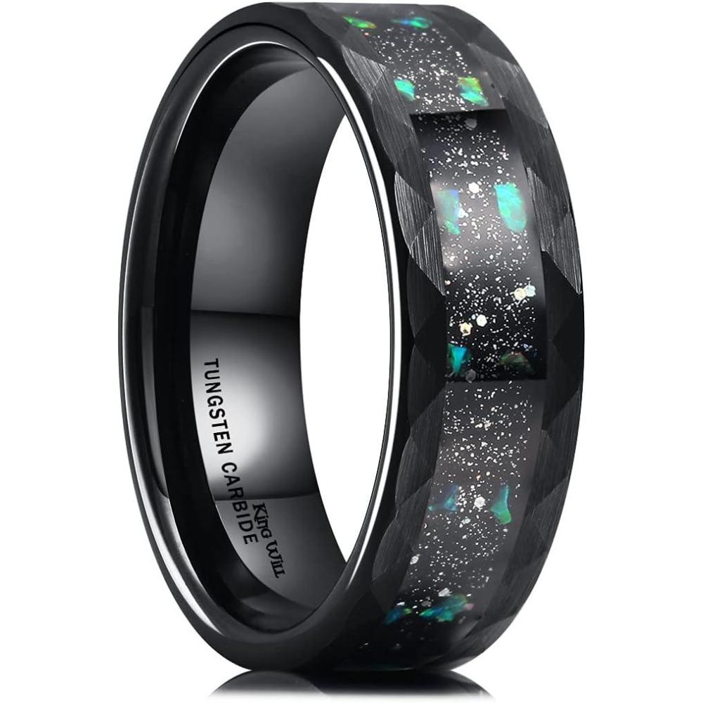 imageKing Will 8mm Mens SilverBlack Tungsten Carbide Ring for Men Nature Koa Wood InlayGalaxy Opal Inlay Wedding Bands Hammered MultiFaceted Wedding BandBlue