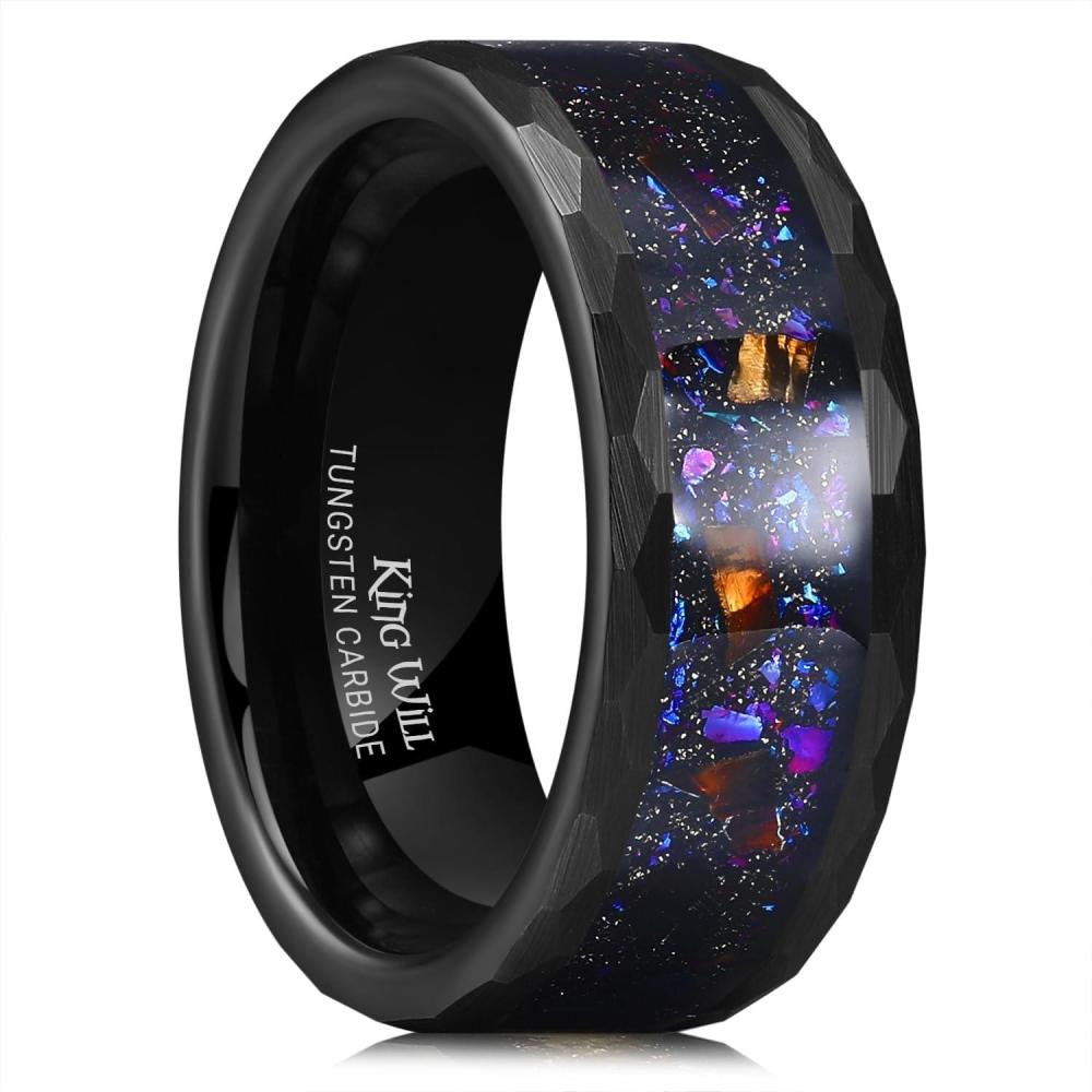 imageKing Will 8mm Mens SilverBlack Tungsten Carbide Ring for Men Nature Koa Wood InlayGalaxy Opal Inlay Wedding Bands Hammered MultiFaceted Wedding BandBlack Galaxy
