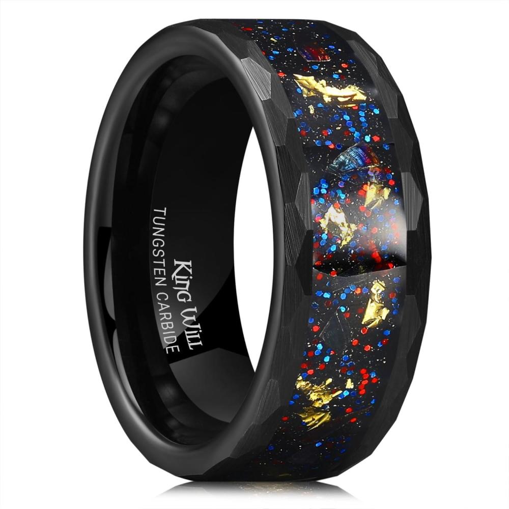 imageKing Will 8mm Mens SilverBlack Tungsten Carbide Ring for Men Nature Koa Wood InlayGalaxy Opal Inlay Wedding Bands Hammered MultiFaceted Wedding BandBlack Red Blue