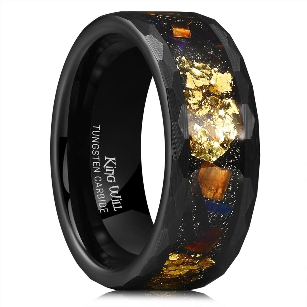 imageKing Will 8mm Mens SilverBlack Tungsten Carbide Ring for Men Nature Koa Wood InlayGalaxy Opal Inlay Wedding Bands Hammered MultiFaceted Wedding BandBlack Gold