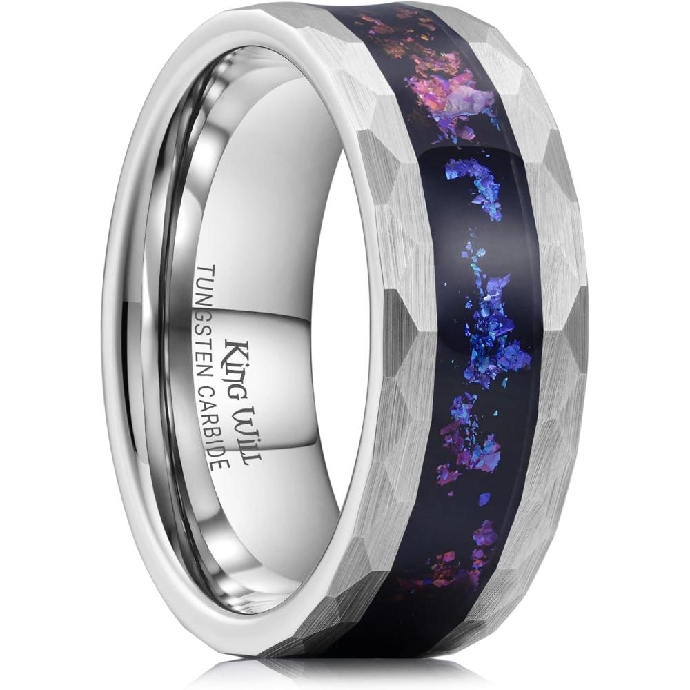 imageKing Will 8mm Mens SilverBlack Tungsten Carbide Ring for Men Nature Koa Wood InlayGalaxy Opal Inlay Wedding Bands Hammered MultiFaceted Wedding BandGunmetalPurpleBlue