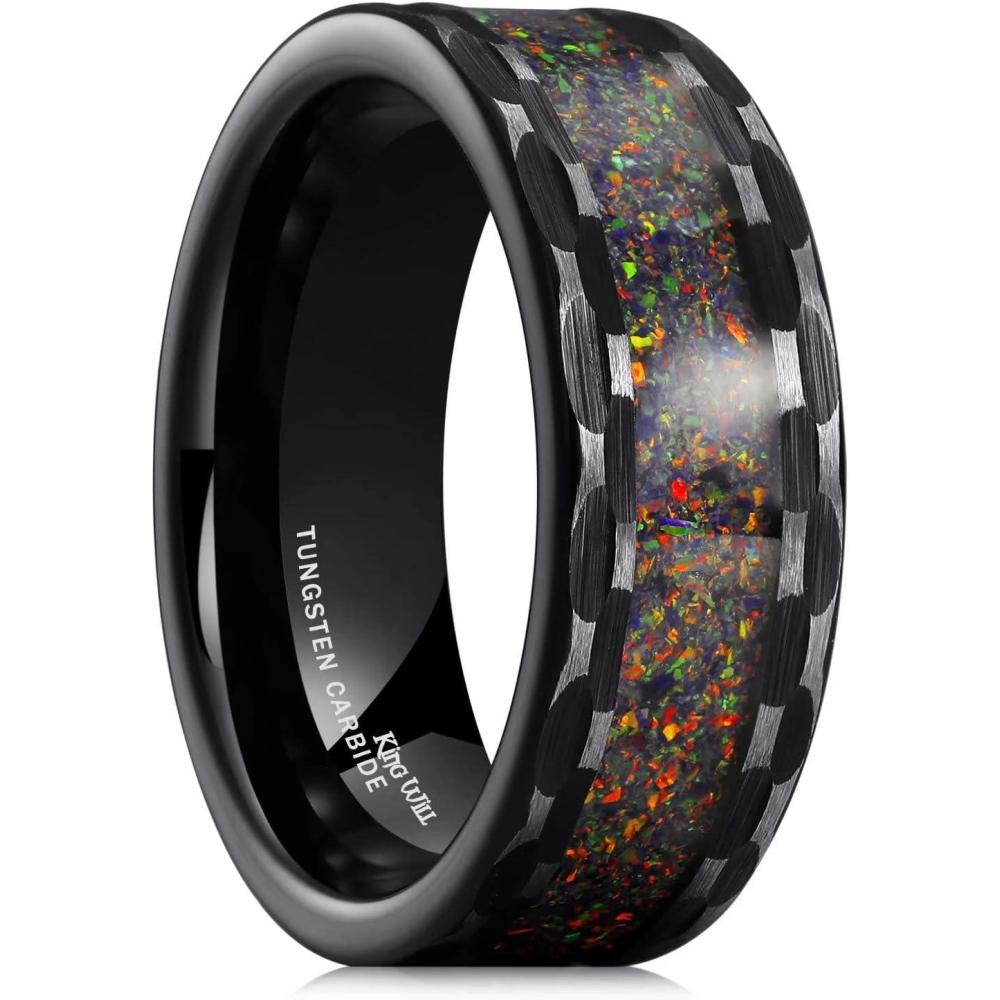imageKing Will 8mm Mens SilverBlack Tungsten Carbide Ring for Men Nature Koa Wood InlayGalaxy Opal Inlay Wedding Bands Hammered MultiFaceted Wedding BandOpal