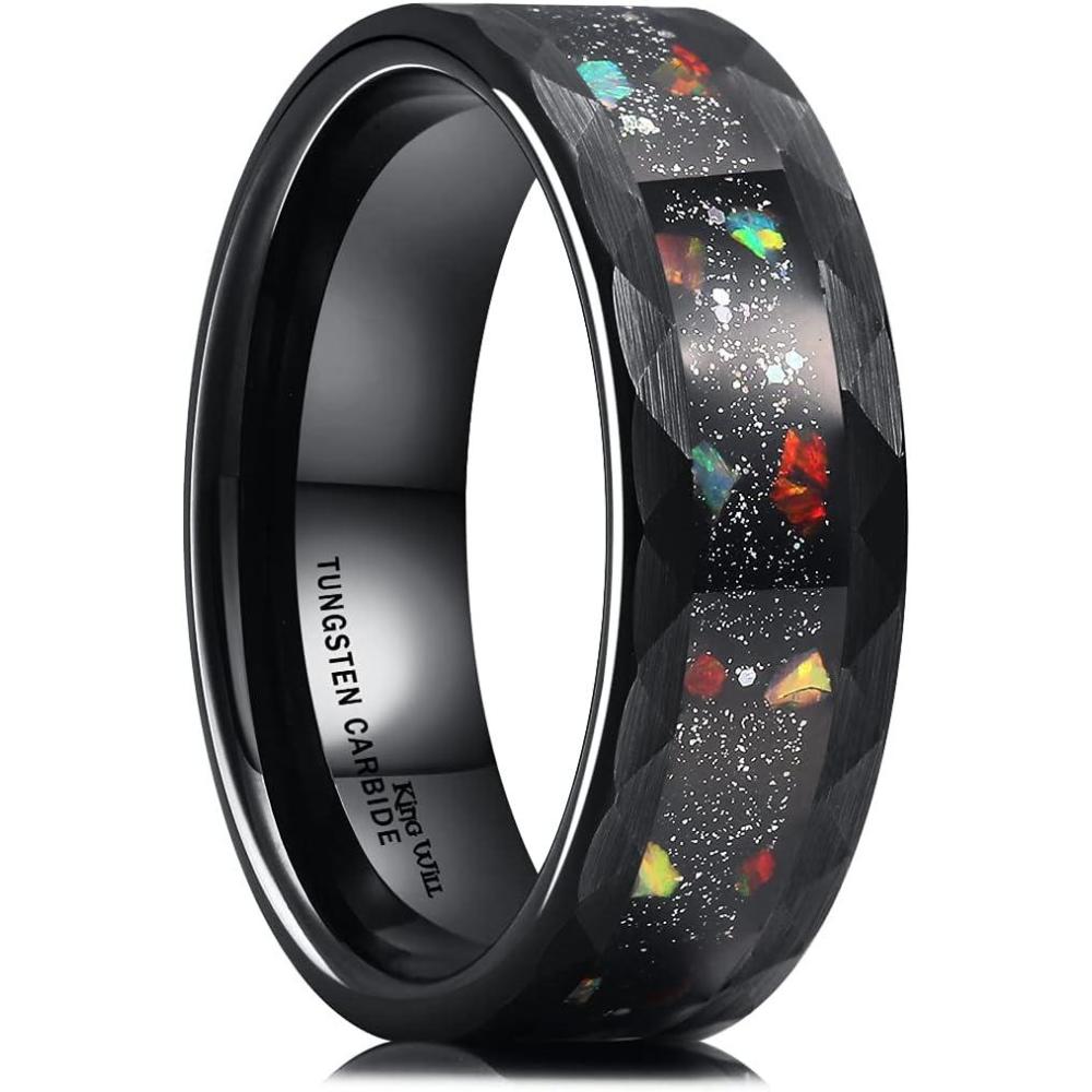 imageKing Will 8mm Mens SilverBlack Tungsten Carbide Ring for Men Nature Koa Wood InlayGalaxy Opal Inlay Wedding Bands Hammered MultiFaceted Wedding BandRed Galaxy