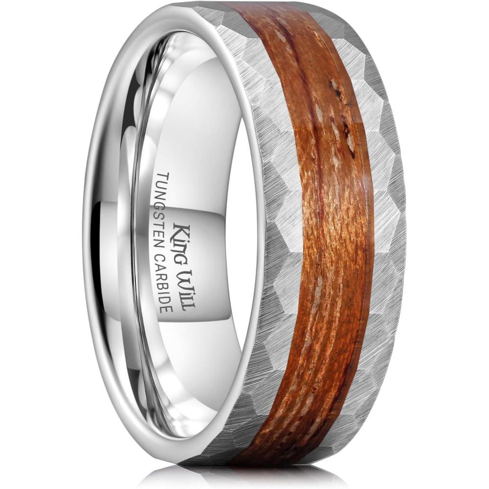 imageKing Will 8mm Mens SilverBlack Tungsten Carbide Ring for Men Nature Koa Wood InlayGalaxy Opal Inlay Wedding Bands Hammered MultiFaceted Wedding BandSilver