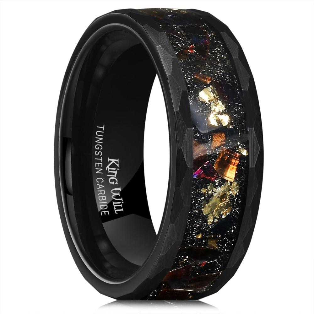 imageKing Will 8mm Mens SilverBlack Tungsten Carbide Ring for Men Nature Koa Wood InlayGalaxy Opal Inlay Wedding Bands Hammered MultiFaceted Wedding Bandblackgold