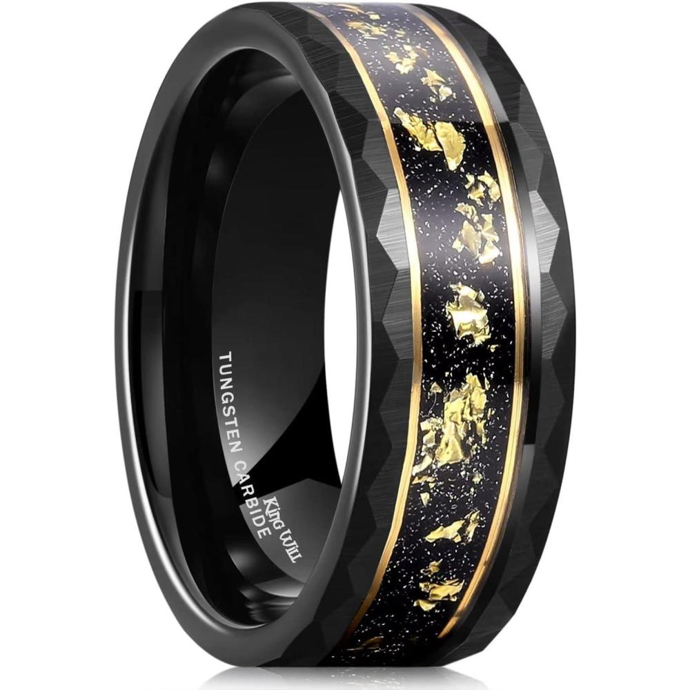 imageKing Will 8mm Mens SilverBlack Tungsten Carbide Ring for Men Nature Koa Wood InlayGalaxy Opal Inlay Wedding Bands Hammered MultiFaceted Wedding Bandgold foils