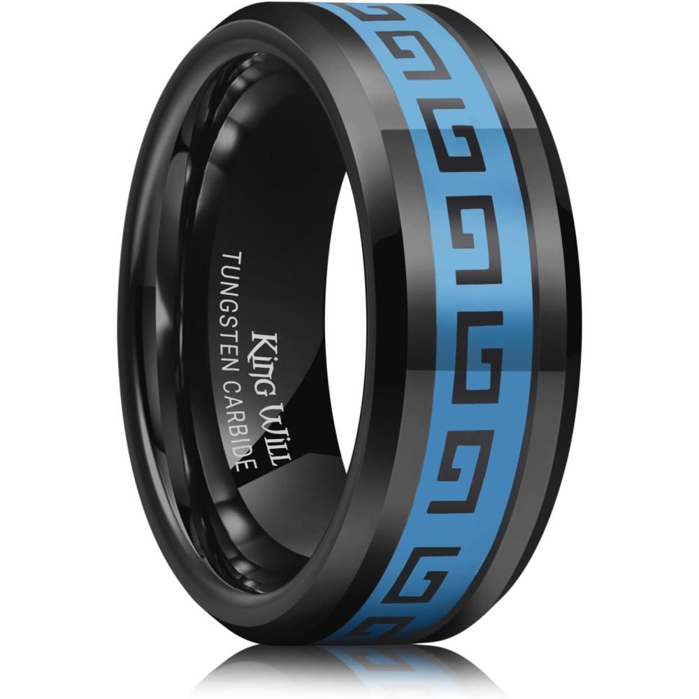 imageKing Will 8mm Tungsten Carbide Rings for Men Mens Wedding Band with Carbon Fiber Inlaid Beveled PolishedBlack  Blue Inlay