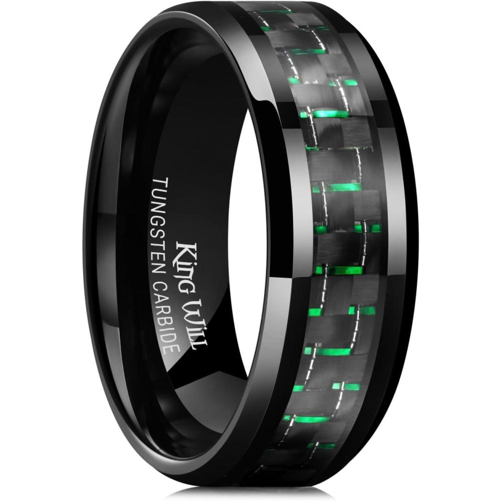 imageKing Will 8mm Tungsten Carbide Rings for Men Mens Wedding Band with Carbon Fiber Inlaid Beveled PolishedBlackGreen Fiber