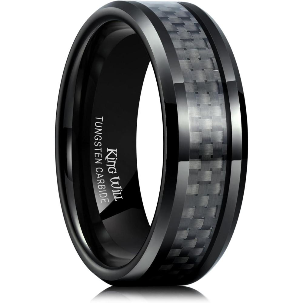 imageKing Will 8mm Tungsten Carbide Rings for Men Mens Wedding Band with Carbon Fiber Inlaid Beveled PolishedBlackGrey Fiber