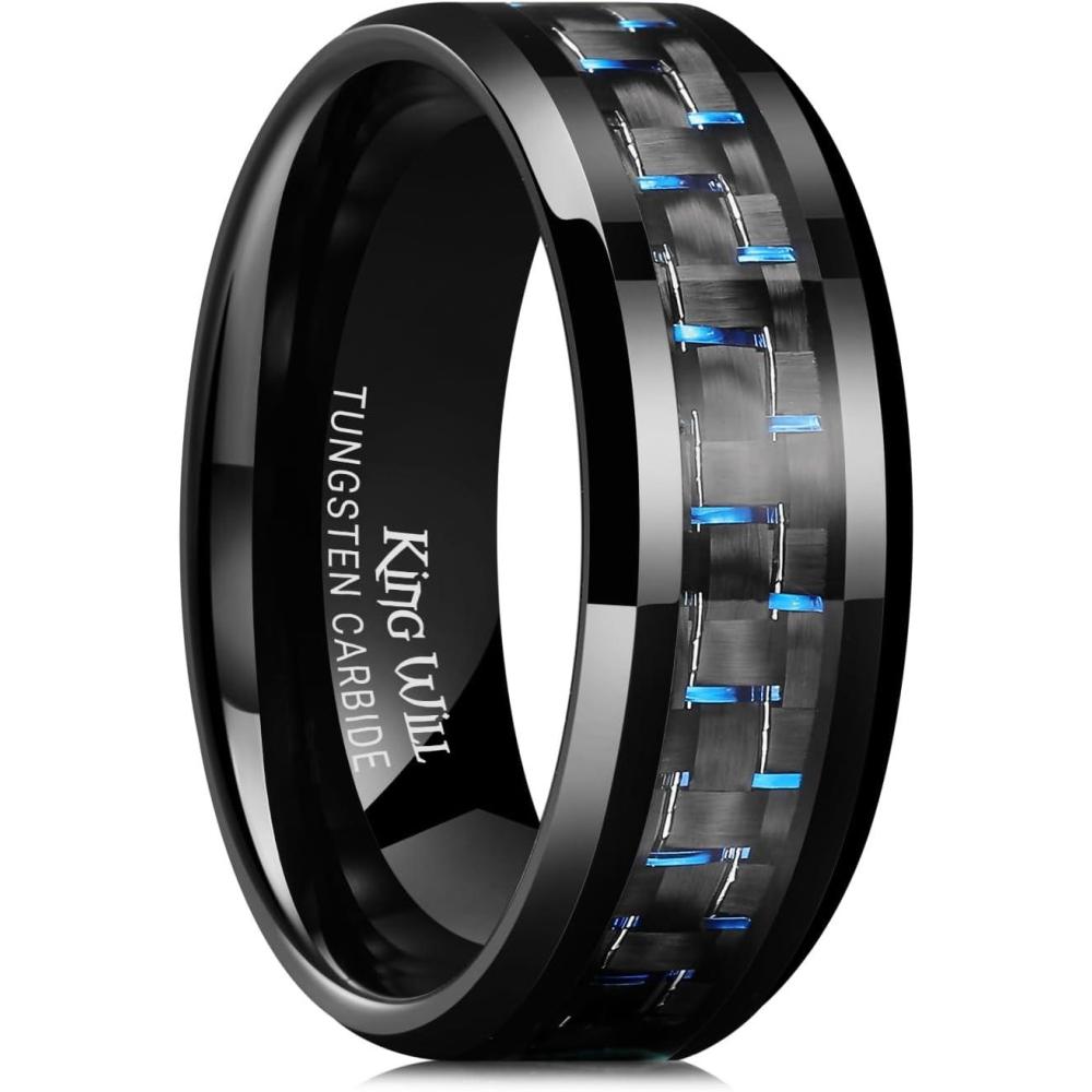 imageKing Will 8mm Tungsten Carbide Rings for Men Mens Wedding Band with Carbon Fiber Inlaid Beveled PolishedBlackNavy Blue Fiber