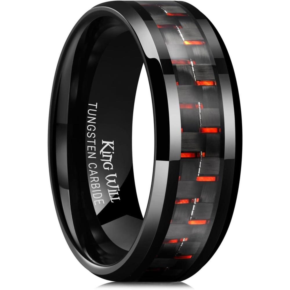 imageKing Will 8mm Tungsten Carbide Rings for Men Mens Wedding Band with Carbon Fiber Inlaid Beveled PolishedBlackRed Fiber