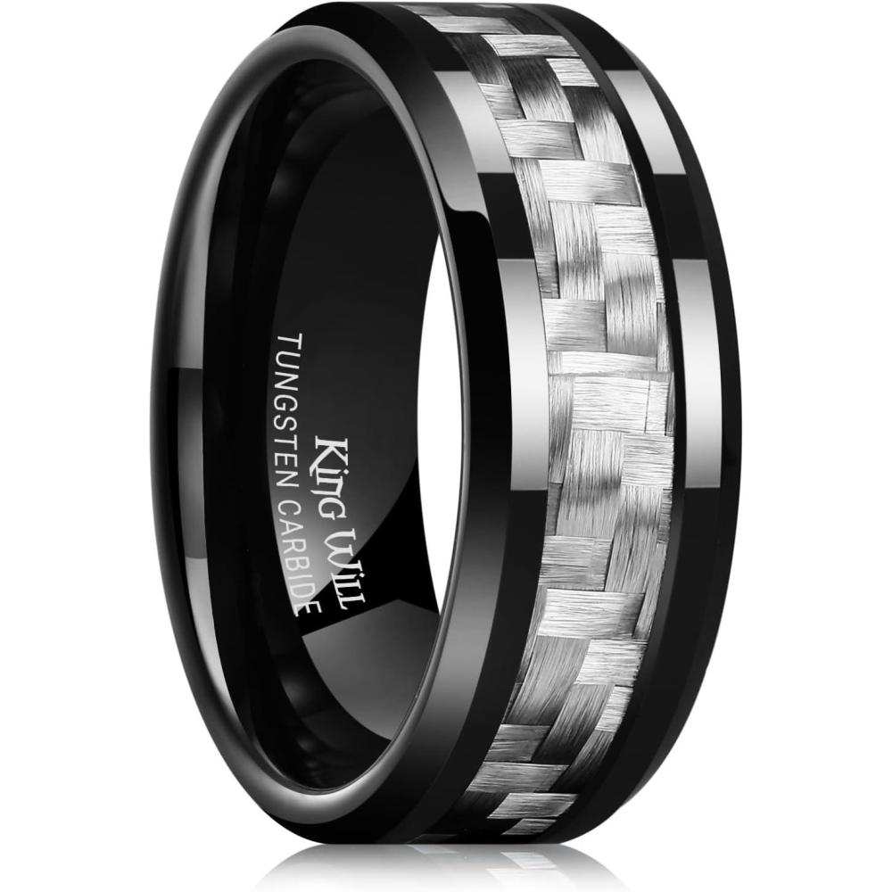 imageKing Will 8mm Tungsten Carbide Rings for Men Mens Wedding Band with Carbon Fiber Inlaid Beveled PolishedBlackSilver Fiber