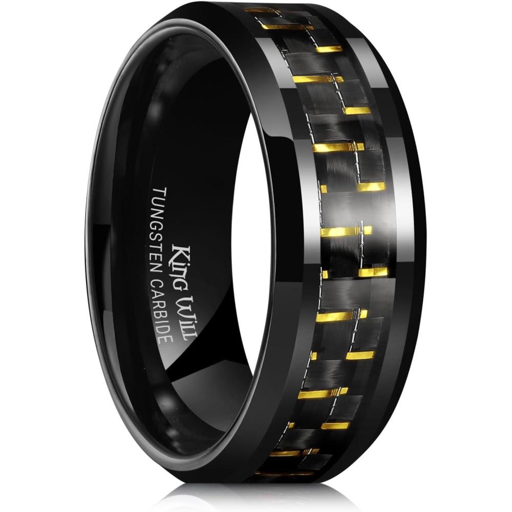 imageKing Will 8mm Tungsten Carbide Rings for Men Mens Wedding Band with Carbon Fiber Inlaid Beveled PolishedBlackYellow Fiber