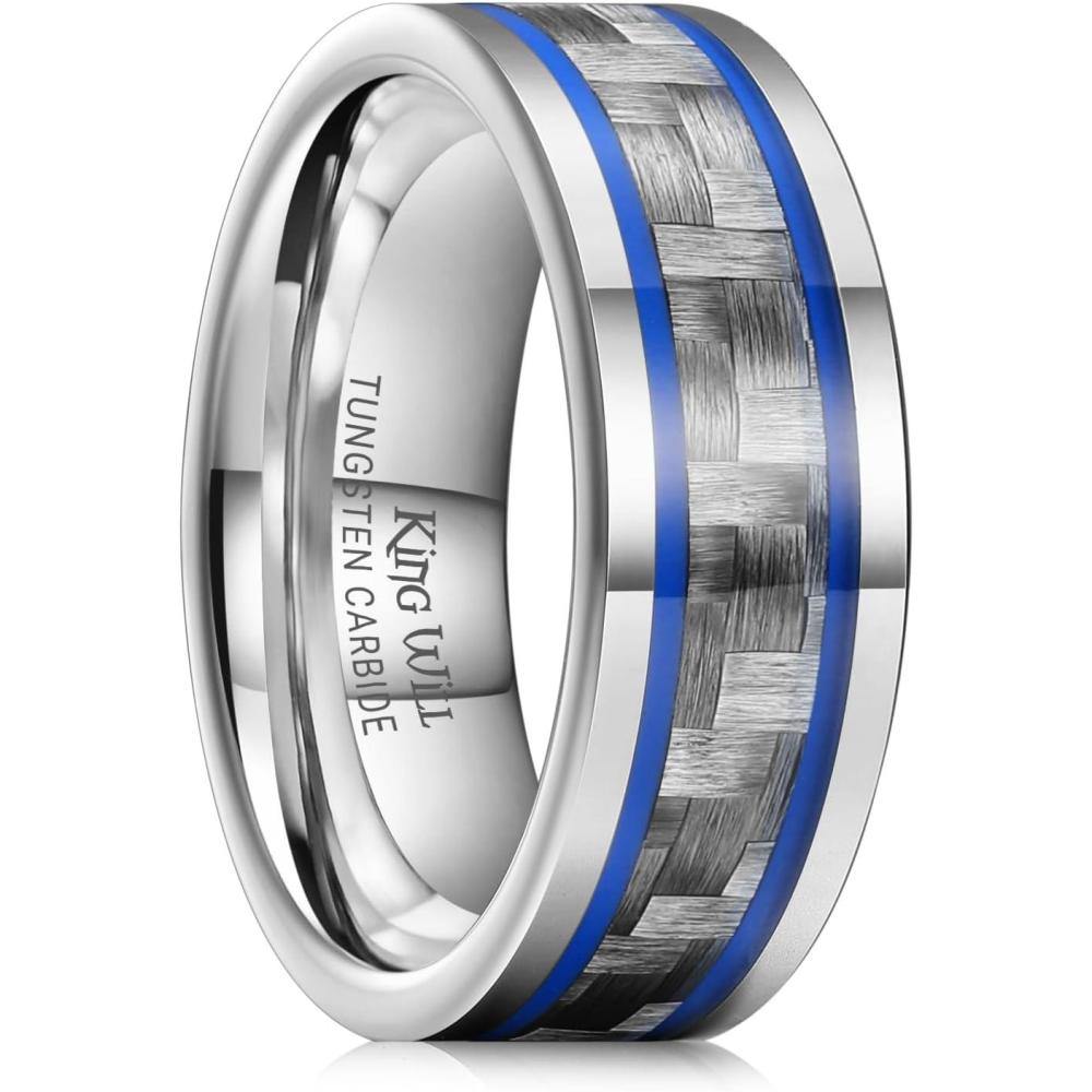 imageKing Will 8mm Tungsten Carbide Rings for Men Mens Wedding Band with Carbon Fiber Inlaid Beveled PolishedSilverBlue Line