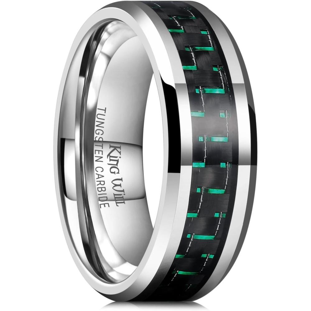 imageKing Will 8mm Tungsten Carbide Rings for Men Mens Wedding Band with Carbon Fiber Inlaid Beveled PolishedSilverGreen Fiber