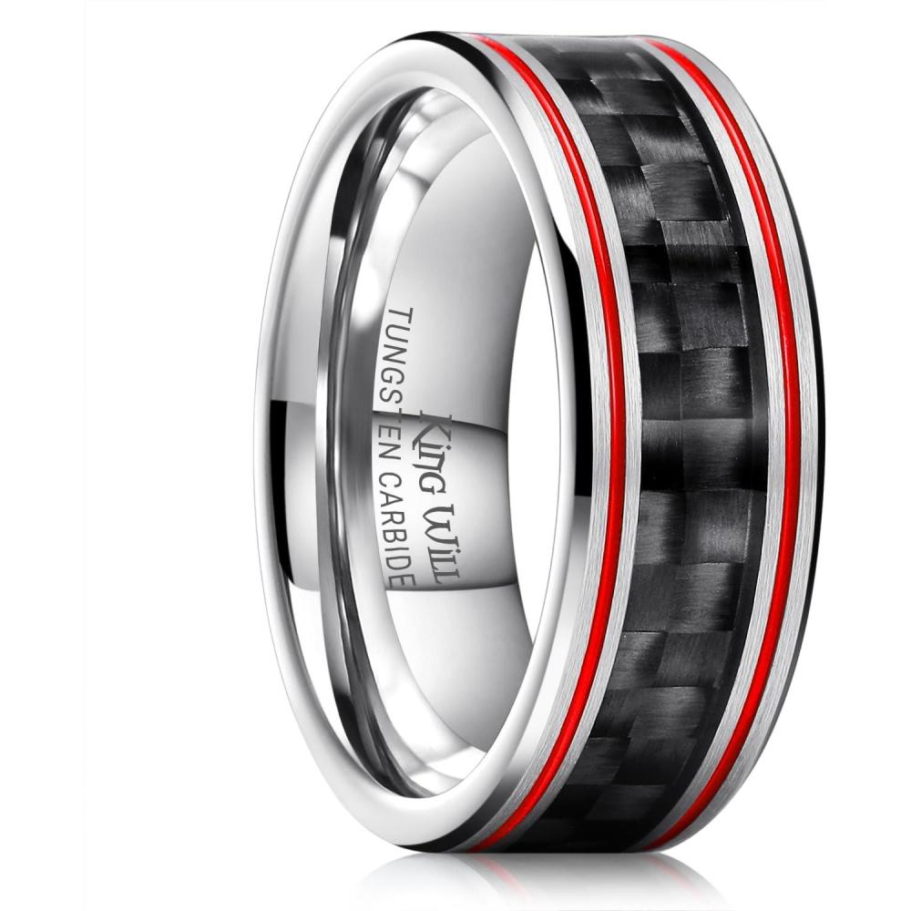 imageKing Will 8mm Tungsten Carbide Rings for Men Mens Wedding Band with Carbon Fiber Inlaid Beveled PolishedSilverRed Groove