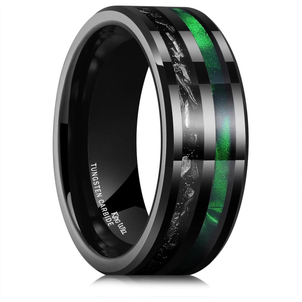imageKing Will 8mm Tungsten Rings for Men Black Wedding Band Gentleman with Galaxy Shell Sand Meteorite Inlay Pipe Cut BrushedBlack Green