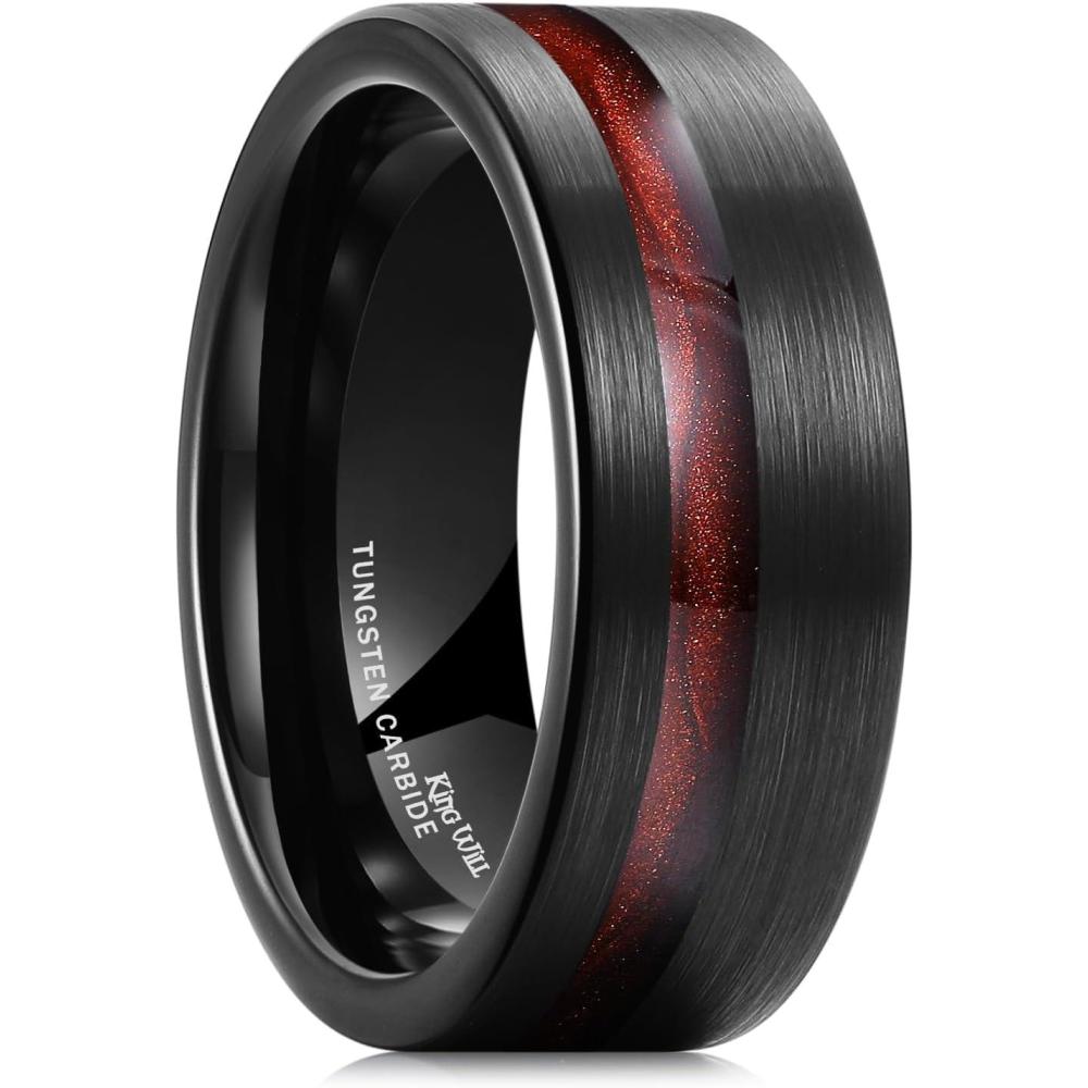 imageKing Will 8mm Tungsten Rings for Men Black Wedding Band Gentleman with Galaxy Shell Sand Meteorite Inlay Pipe Cut BrushedBlack Red