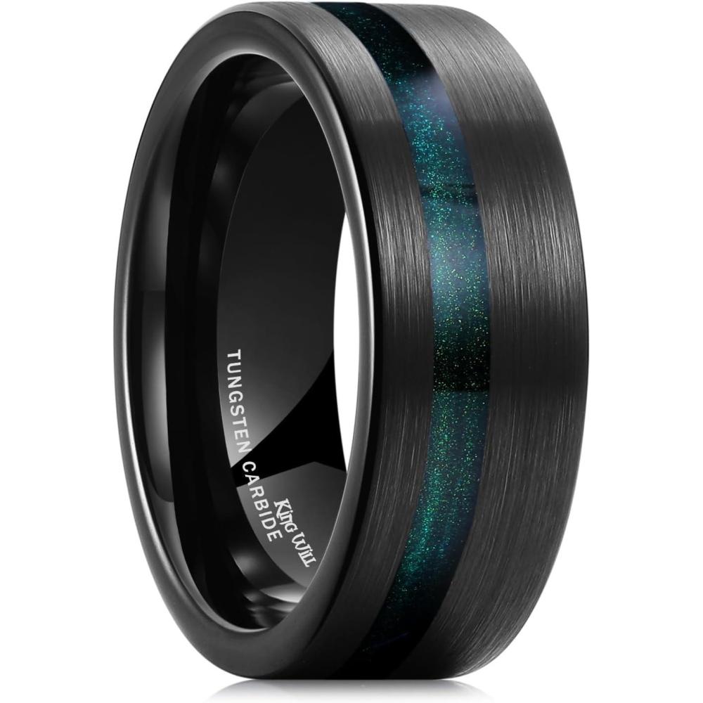 imageKing Will 8mm Tungsten Rings for Men Black Wedding Band Gentleman with Galaxy Shell Sand Meteorite Inlay Pipe Cut BrushedBlue Green