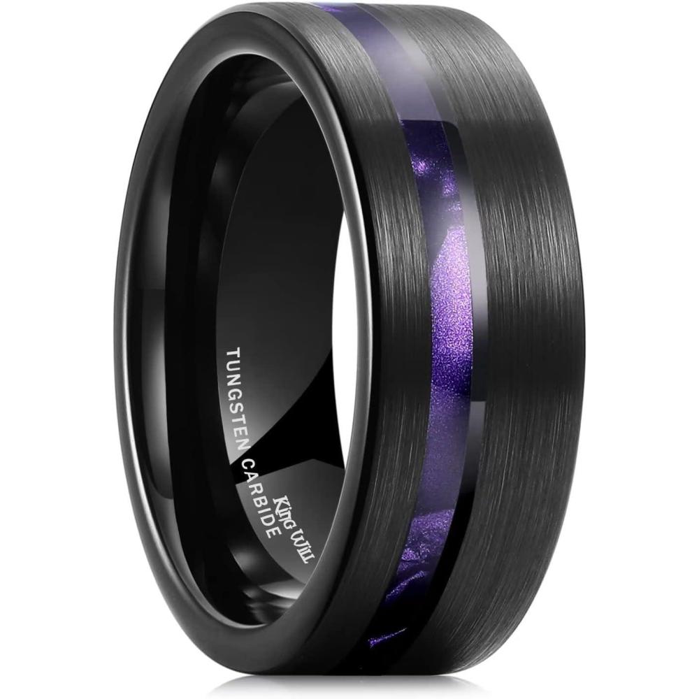 imageKing Will 8mm Tungsten Rings for Men Black Wedding Band Gentleman with Galaxy Shell Sand Meteorite Inlay Pipe Cut Brushedpurple imitated meteorite