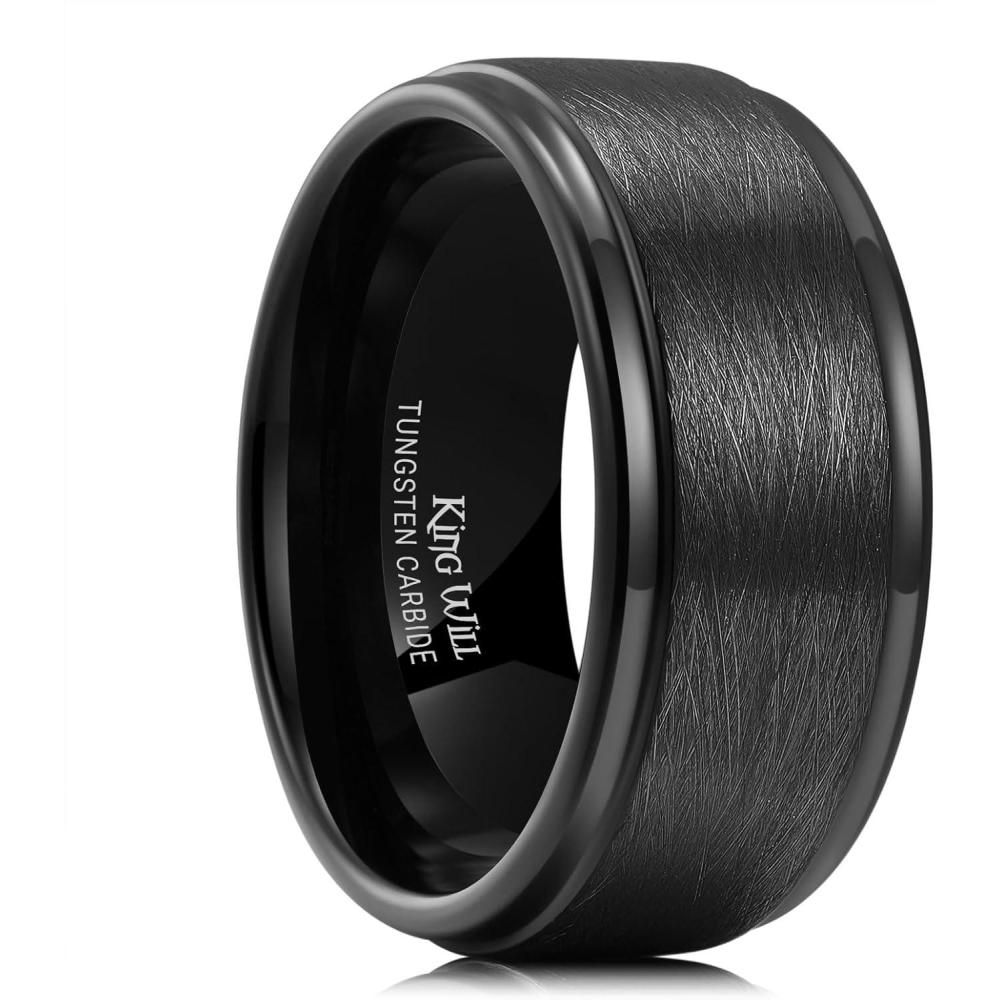 imageKing Will Classic 8mm Tungsten Carbide Ring BlackSilverGold Brushed Two Grooved Center Hammered Design Mens Wedding Band for MenABlack 10mm
