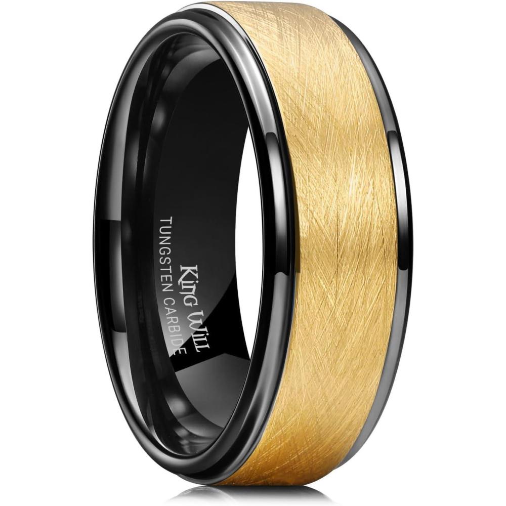 imageKing Will Classic 8mm Tungsten Carbide Ring BlackSilverGold Brushed Two Grooved Center Hammered Design Mens Wedding Band for MenAGoldBlack