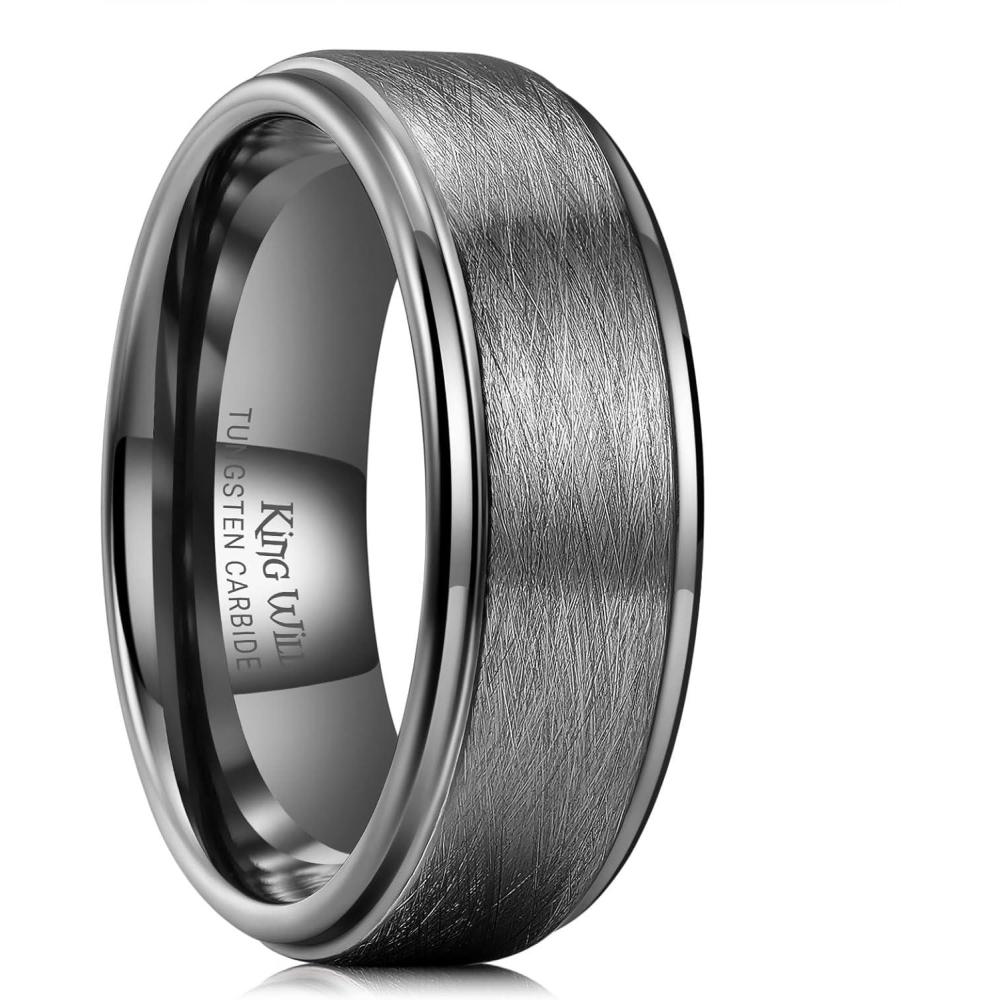 imageKing Will Classic 8mm Tungsten Carbide Ring BlackSilverGold Brushed Two Grooved Center Hammered Design Mens Wedding Band for MenAGunmetal Gray