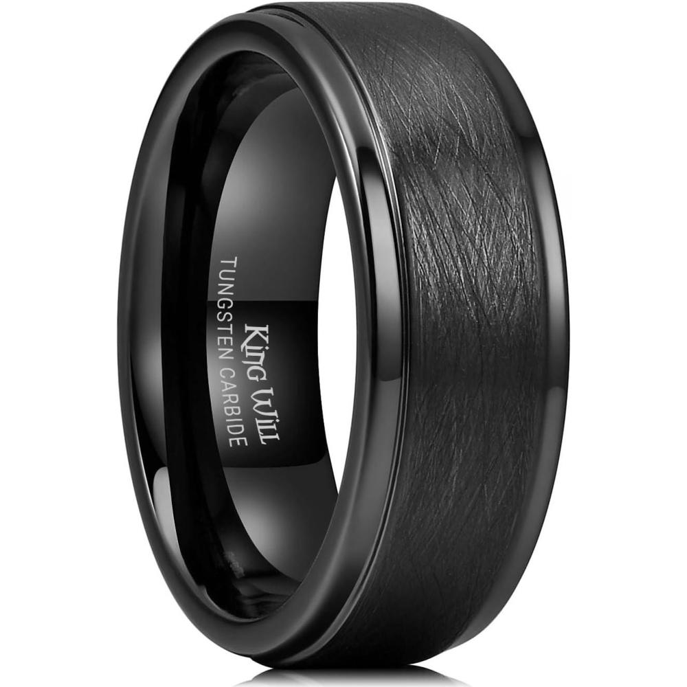 imageKing Will Classic 8mm Tungsten Carbide Ring BlackSilverGold Brushed Two Grooved Center Hammered Design Mens Wedding Band for MenBlack