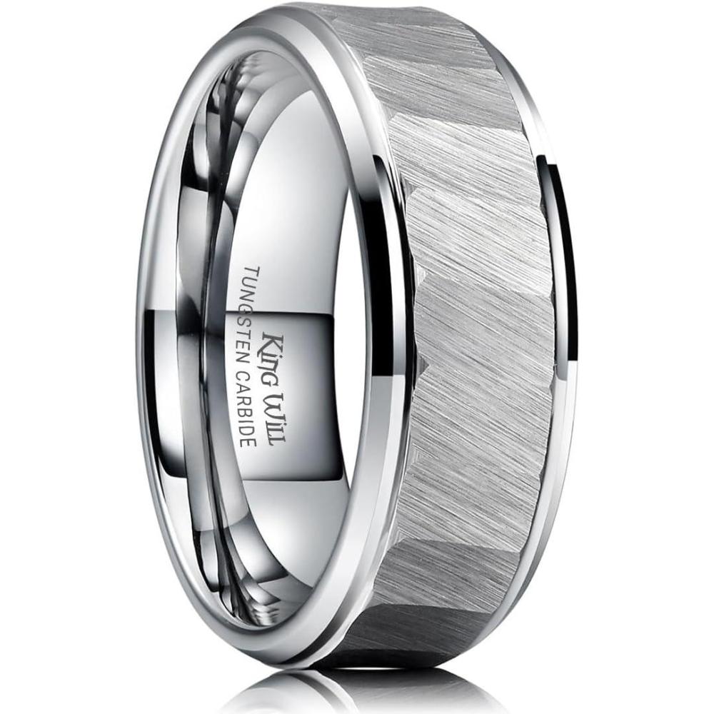 imageKing Will Classic 8mm Tungsten Carbide Ring BlackSilverGold Brushed Two Grooved Center Hammered Design Mens Wedding Band for MenCSilver