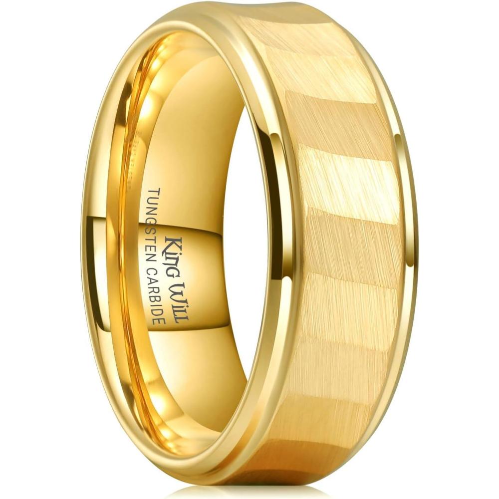 imageKing Will Classic 8mm Tungsten Carbide Ring BlackSilverGold Brushed Two Grooved Center Hammered Design Mens Wedding Band for MenCgold