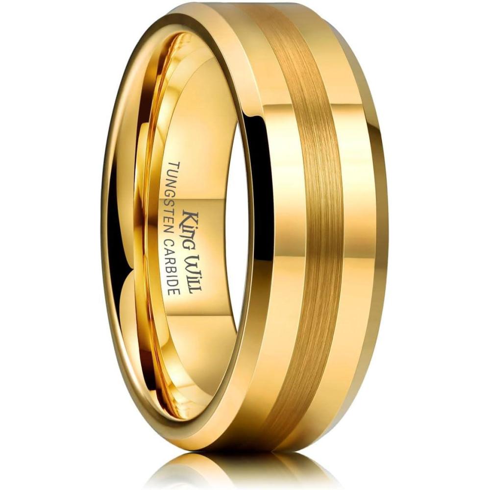 imageKing Will Classic 8mm Tungsten Carbide Ring BlackSilverGold Brushed Two Grooved Center Hammered Design Mens Wedding Band for MenDGold