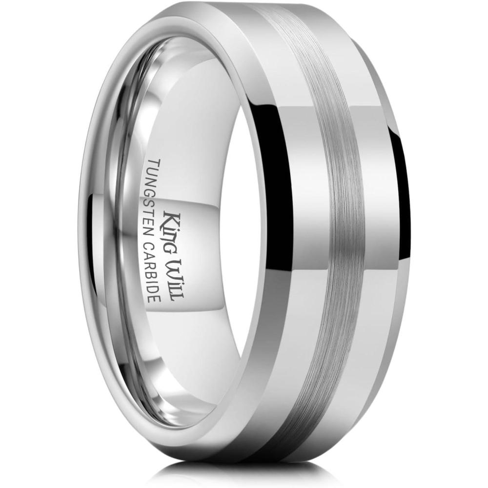 imageKing Will Classic 8mm Tungsten Carbide Ring BlackSilverGold Brushed Two Grooved Center Hammered Design Mens Wedding Band for MenDSilver